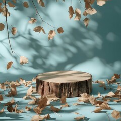 Wall Mural - Wooden platform with autumn leaves on blue background.