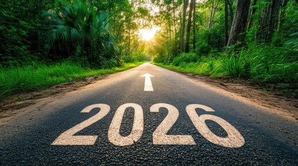 Wall Mural - A scenic road surrounded by lush greenery and sunlight, featuring the year 2026 painted on the pavement.