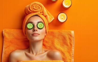 Wall Mural - Relaxing woman with cucumbers on her eyes, surrounded by towels and candles, on a warm orange background spa and relaxation