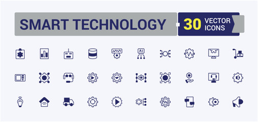Wall Mural - smart technology linear icon. containing product, flow, cloud, service, ai, work and more. outline i
