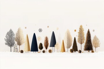 Wall Mural - Golden Christmas Tree Collection on White Table - Festive Greeting Card Banner for Advent Holidays