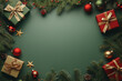 © Kavidu - Christmas Eve Gift Boxes with Ribbon Bows Red Green Baubles Gold Star Ornaments and Pine Branches on Green Background