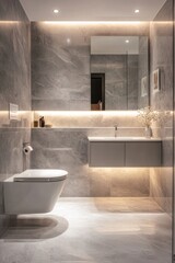 Wall Mural - Modern bathroom interior design featuring gray marble tiles and ambient lighting