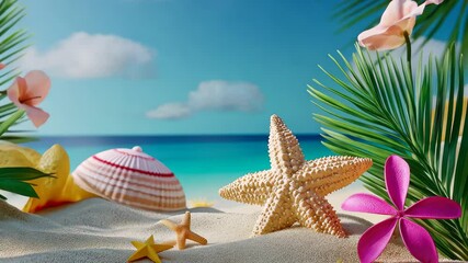 Wall Mural - Bright summer greeting template with beach elements and vibrant tropical colors, Hello Summer video for greeting, video intro, template, gift, 3d render Summer theme video