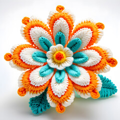 Wall Mural - A knitted soft toy in the form of a beautiful blooming flower, made of woolen threads in turquoise, white and orange tones. White background.