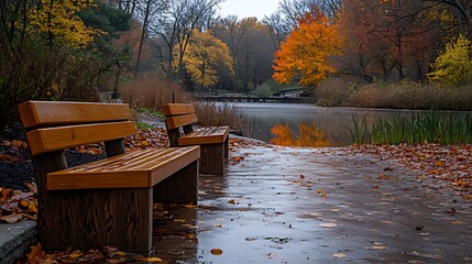 Wall Mural - Two empty wooden park benches by a calm pond reflecting autumn foliage on a misty morning.