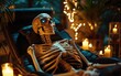 © Антон Федченко - A skeleton in a facial mask, reclining on a spa chair, with a relaxing ambiance of candles and soft lighting