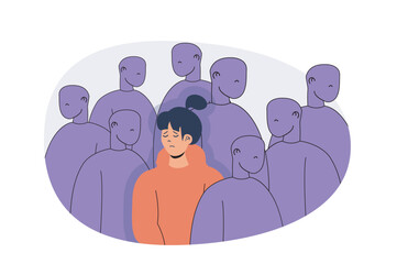 Aufkleber - Mental health problem web concept with flat cartoon people for website design. Woman feeling sadness and loneliness in human crowd, suffering depression, needing psychotherapy. Vector illustration.