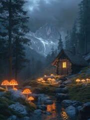 Wall Mural - Small Cabin Woods Night