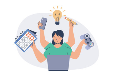 Poster - Multitasking web concept with flat cartoon people for website design. Woman with many arms doing different tasks in office, managing time, playing, calling phone, earning money. Vector illustration.