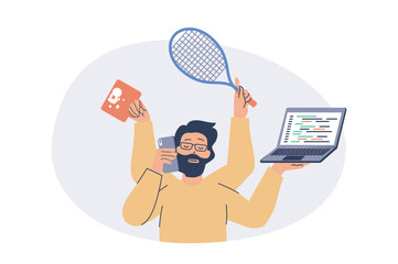 Poster - Multitasking web concept with flat cartoon people for website design. Man with many arms doing tasks in office, calling by phone, coding at laptop, playing tennis, drinks coffee. Vector illustration.
