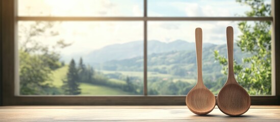 Wall Mural - Rustic kitchen scene with wooden spoons in focus and a serene landscape view through a large window creating a warm, inviting atmosphere