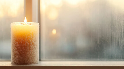 Wall Mural - Lit candle sitting on a windowsill with a frosty winter window in the background during a beautiful sunset