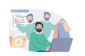 Poster - Multitasking web concept with flat cartoon people for website design. Man doing work tasks and organisation routines in office, coding at laptop, doing paperwork, shopping online. Vector illustration.