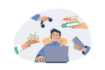 Poster - Multitasking web concept with flat cartoon people for website design. Man doing work tasks and organisation routines in office, coding at laptop, doing paperwork, shopping online. Vector illustration.