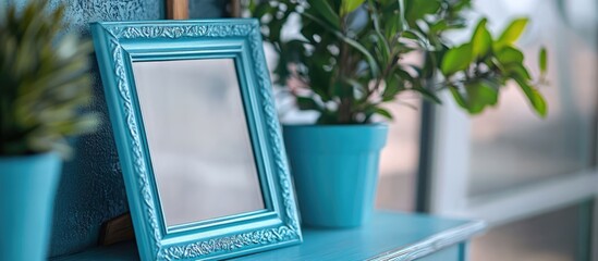 Wall Mural - Light blue decorative photo frame with potted plants in the background ideal for home decor and interior design accents.