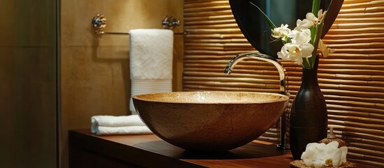 Wall Mural - Elegant bathroom interior featuring a round wooden sink, modern faucet, and decorative vase with flowers against a stylish textured wall.