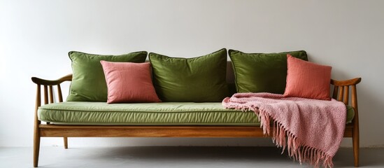 Canvas Print - Scandinavian style couch with green cushions and pink blanket in a minimalist white interior showcasing cozy and stylish home decor