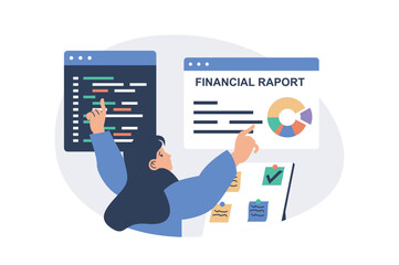 Poster - Multitasking web concept with flat cartoon people for website design. Woman doing work in office, coding and programming at screens, making financial reports, planning tasks. Vector illustration.