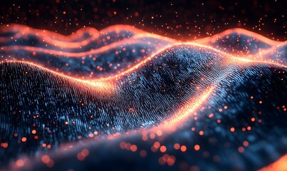 An illustration of a digital wave composed of binary code or data streams