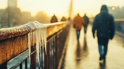 Wall Mural - icicles dangling from metal bridge railing with commuters passing during frosty winter morning, urba