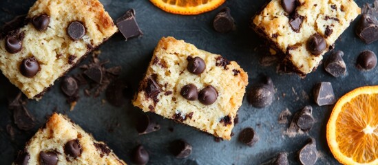 Canvas Print - Delicious chocolate chip scones with orange peel garnished with chocolate pieces and orange slices on a rustic background