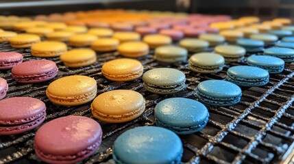 Sticker - Colorful assortment of freshly baked macaroon cookies arranged in vibrant rows on a cooling rack showcasing their delightful pastel hues