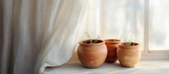 Sticker - Rustic terracotta pots with greenery against a soft white curtain creating a warm autumn atmosphere on a sunlit windowsill