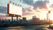 © Paula - Large blank billboard over cityscape at sunset