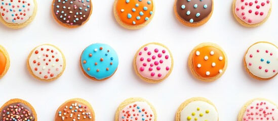 Wall Mural - Colorful assortment of beautifully decorated cookies arranged neatly on a white background for a vibrant dessert banner design