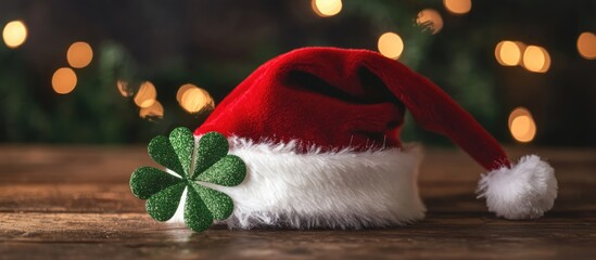 Canvas Print - Santa Hat adorned with a shamrock symbolizing festive cheer and luck on a rustic wooden surface with blurred lights in the background