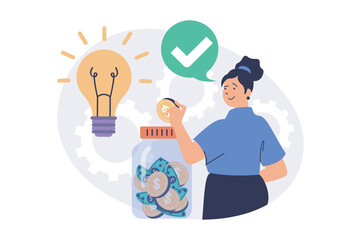 Poster - Saving money web concept with flat cartoon people for website design. Woman putting coins and cash in glass jar, managing personal finance, creating ideas for getting profit. Vector illustration.