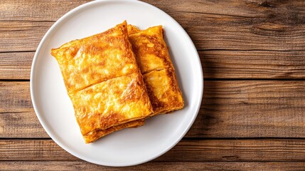 Canvas Print - Delicious Martabak Egg on a White Plate Perfect for Recipe Articles or Food Catalogs with Copy Space on a Wooden Table