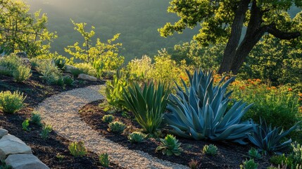 Canvas Print - Forest garden with diverse plants on a hillside illuminated by morning sunlight, featuring a winding path and lush greenery.