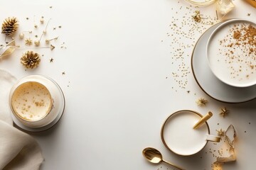 Wall Mural - Cozy winter setup with warm drinks and festive decorations on a white table