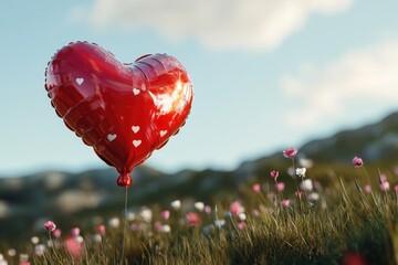 Wall Mural - Red heart-shaped balloon in flower field