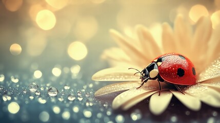 Canvas Print - A close-up macro shot of a ladybug on a flower petal, adorned with water droplets and a soft bokeh background