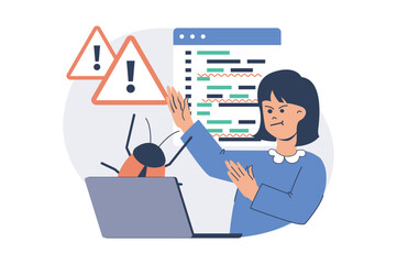 Leinwandbilder - Software testing web concept with flat cartoon people for website design. Woman making analysis and finding errors in program, fighting bugs and debugging code, working at laptop. Vector illustration.