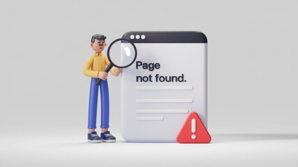 Fototapete - 3D cartoon character investigates a 'Page not found' error on a website.