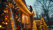 © david - A man on a ladder is putting up Christmas lights on the eaves of a house. Festive holiday decoration generative AI