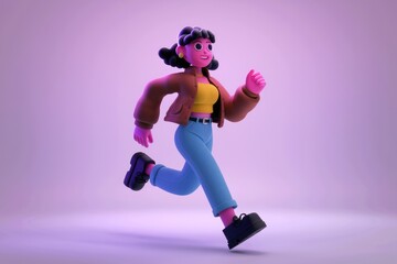 Leinwandbilder - A stylized 3D cartoon girl with short hair, wearing a brown jacket and blue jeans, runs energetically.