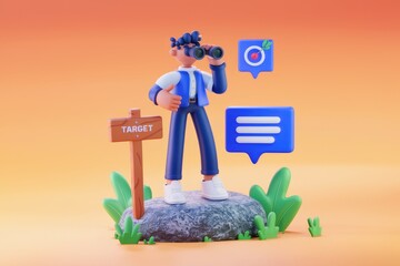 Aufkleber - 3D illustration of a person using binoculars to find their target, symbolizing goal achievement and strategic planning.