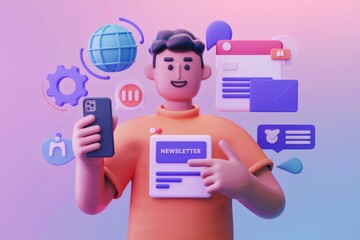 Poster - 3D illustration of a person receiving a newsletter on their smartphone, showcasing email marketing and digital communication.