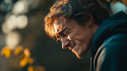 Wall Mural - Young caucasian male in thoughtful expression outdoors in soft evening light