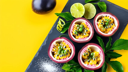 Wall Mural - Passion Fruit Halves with Lime, Tropical Delight