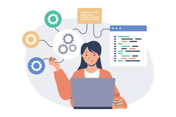 Wall Mural - system administrator web concept with flat cartoon people for website design. woman monitoring serve