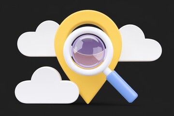 Fototapete - A 3D illustration of a yellow location pin with a magnifying glass, symbolizing location-based search.