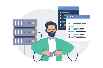 Wall Mural - system administrator web concept with flat cartoon people for website design. man monitoring server 