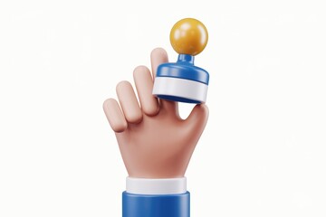 Leinwandbilder - A 3D cartoon hand holds a small, round, blue and yellow stamp.