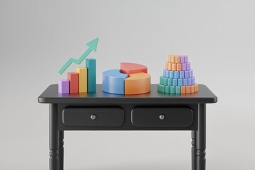 Aufkleber - Colorful 3D charts and graphs depicting growth and data analysis on a black table.